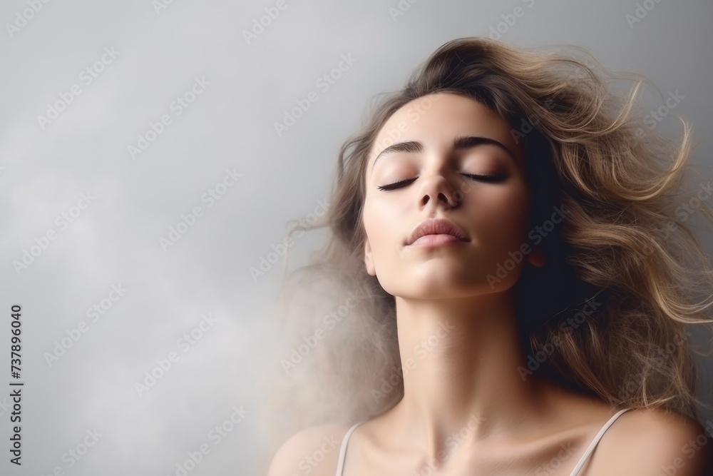 Portrait of romantic girl with loose hair and closed eyes in fog copy space, Valentine's day and love