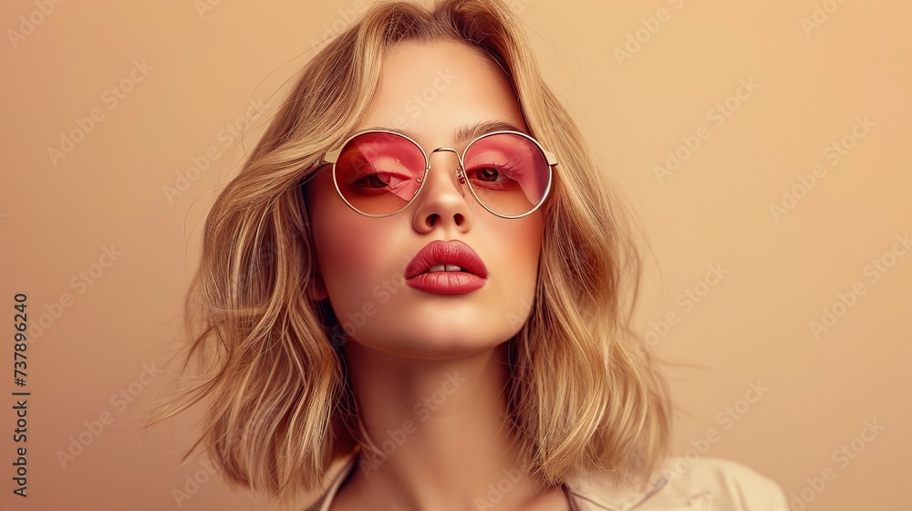 Fototapeta premium Stylish beautiful fashion girl wear trendy sunglasses looking at camera, retro vogue sexy attractive young model woman blond hair in eyewear posing.