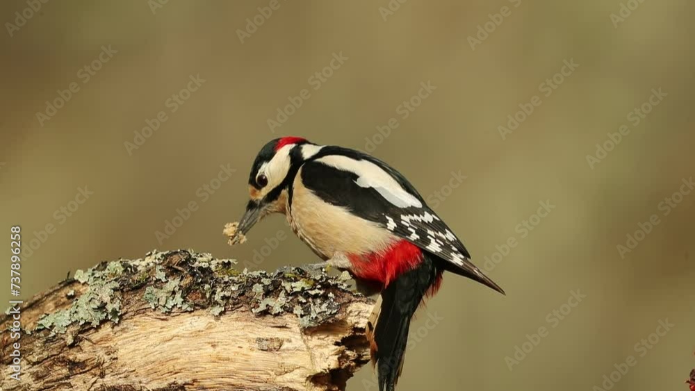 Male Great spotted woodpecker searching for food on the fallen trunk of an oak tree in an Atlantic oak and beech forest with the last light of a winter day Male Great spotted woodpecker searching for food on the fallen trunk of an oak tree in an Atlantic oak and beech forest with the last light of a winter day