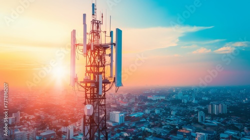 Mobile devices for smart cities. Broadcasting tower for high-speed internet connections. Wireless network antenna.