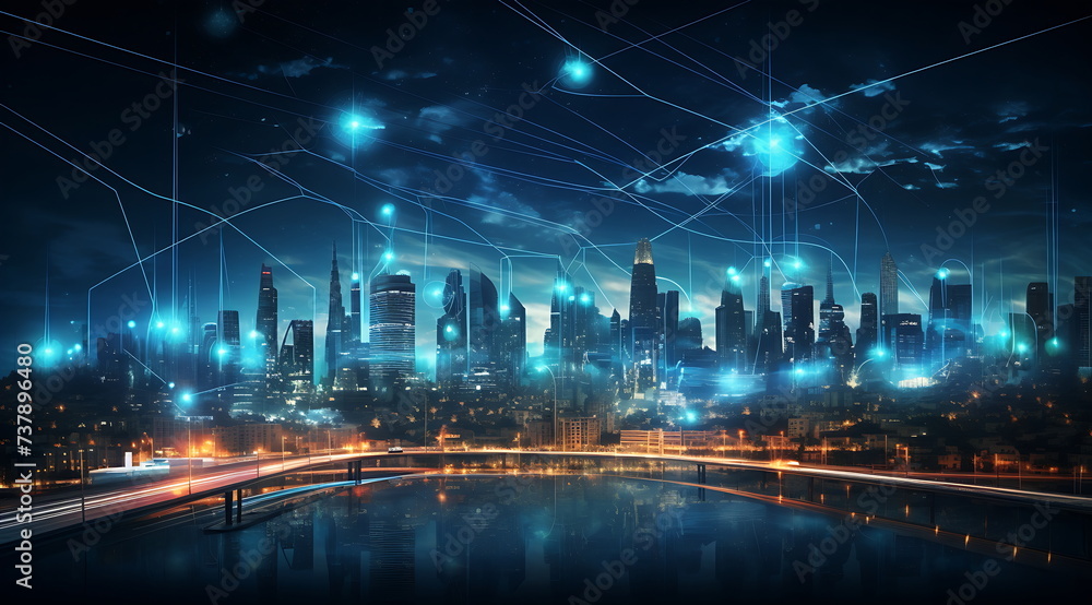 an image of a city nightscape with a network connection, generative ai an image of a city nightscape with a network connection, generative ai