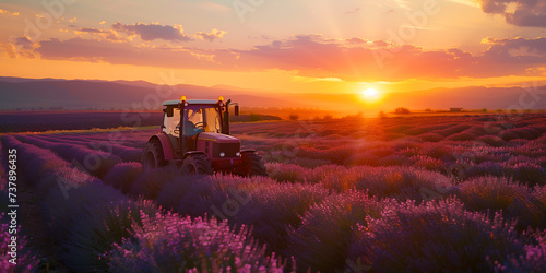 worker tractor on the bottom left in a lavender field at sunset photo