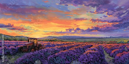 illustration of a tractor on the bottom left in a lavender field at sunset photo