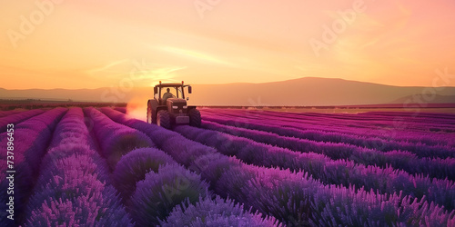 tractor in a lavender field at sunset photo
