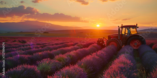 tractor on the bottom left in a lavender field at sunset photo