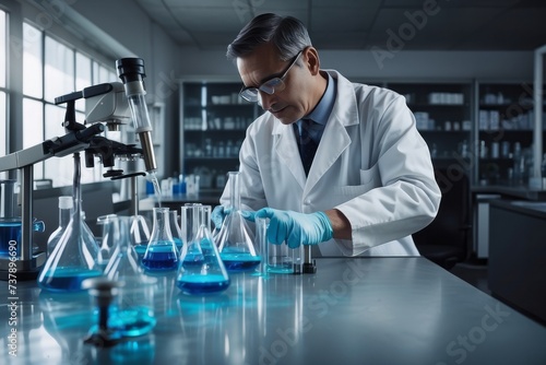 Scientist in laboratory analyzing blue substance in beaker, conducting medical research