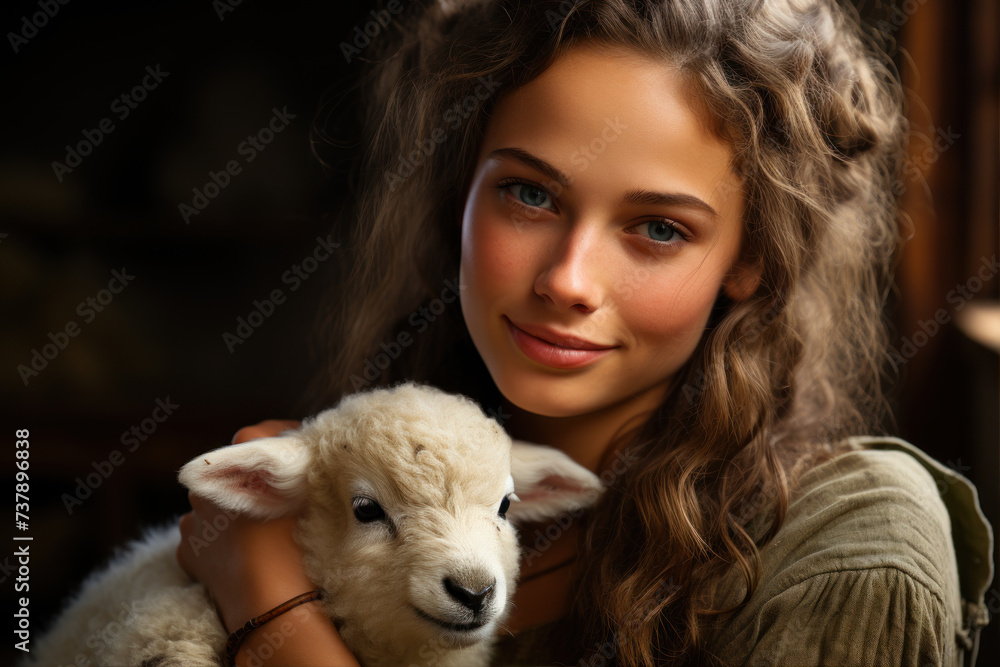 A farmer girl with a sheep farm. She is lovingly holding a little sheep. A farmer girl with a sheep farm. She is lovingly holding a little sheep.