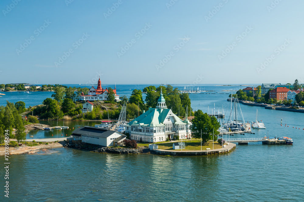 Island Valkosaari with restaurants in archipelago of Helsinki, Finland.