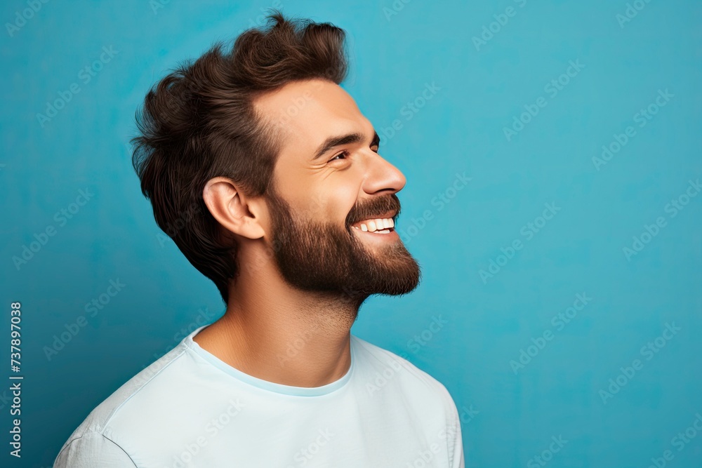 Profile side view portrait of attractive cheerful man demonstrating copy space ad new isolated over bright one color background - generative ai Profile side view portrait of attractive cheerful man demonstrating copy space ad new isolated over bright one color background - generative ai