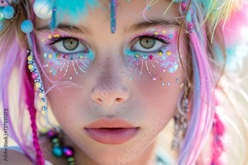 Close-up portrait of a beautiful girl model. Bright makeup, rhinestones on the eyes, multi-colored makeup, colored hair. The face of a young girl. For beauty salons and makeup artists.
