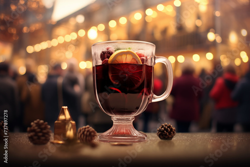 Photograph of a mulled wine glass against the backdrop of an urban festival and celebration, capturing the festive ambiance of the city with the warm glow of mulled wine, perfect for conveying the joy photo