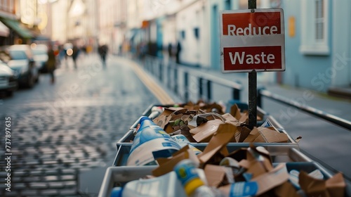 Trashfilled cart on city street by reduce waste sign photo