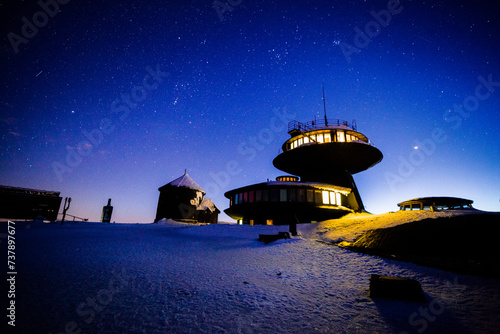 Meteorological Observatory on Śnieżka at night, Poland.