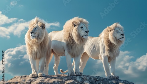 three white albino lions strong pride African savanna 