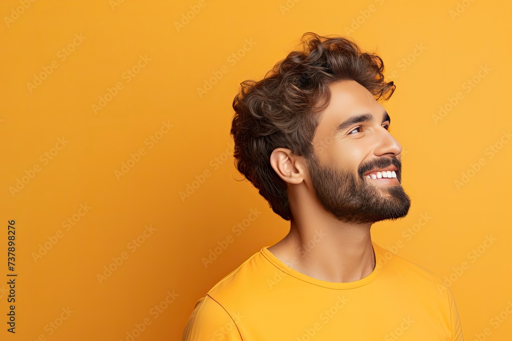 Profile side view portrait of attractive cheerful man demonstrating copy space ad new isolated over bright one color background - generative ai Profile side view portrait of attractive cheerful man demonstrating copy space ad new isolated over bright one color background - generative ai
