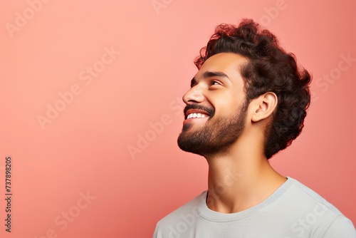 Profile side view portrait of attractive cheerful man demonstrating copy space ad new isolated over bright one color background - generative ai photo