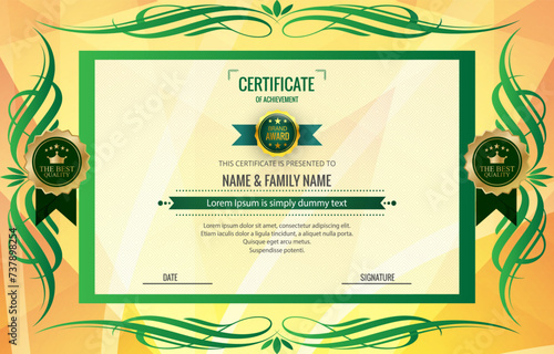 modern best award certificate for achievement and appreciation reward with blank space abstract gradient yellow and green background design