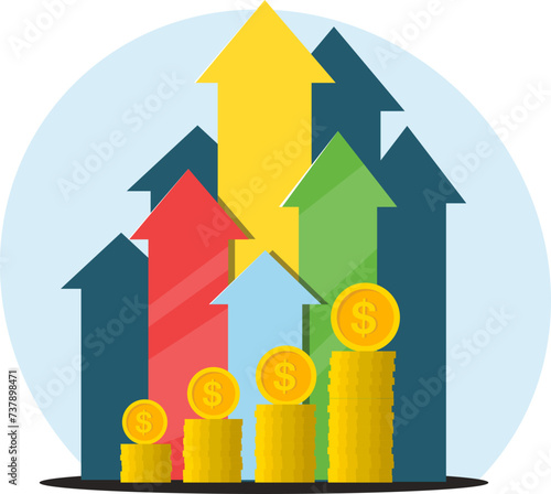Concept of growth in monetary assets, multicolored arrows tend upward, growth in income level. Stock vector illustration
