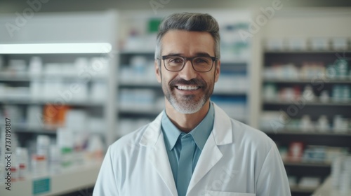Portrait of a handsome mature male pharmacist in a modern light pharmacy with medicines, vitamins, dietary supplements, cosmetics. Healthcare, Pharmaceuticals, small business concepts. © liliyabatyrova