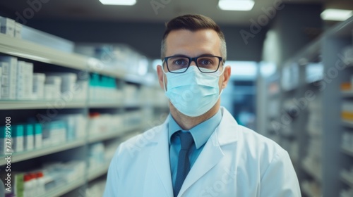 Portrait of a serious male pharmacist wearing a medical mask and glasses in a modern pharmacy with medicines  vitamins  cosmetics. Healthcare  Pharmaceuticals  small business concepts.