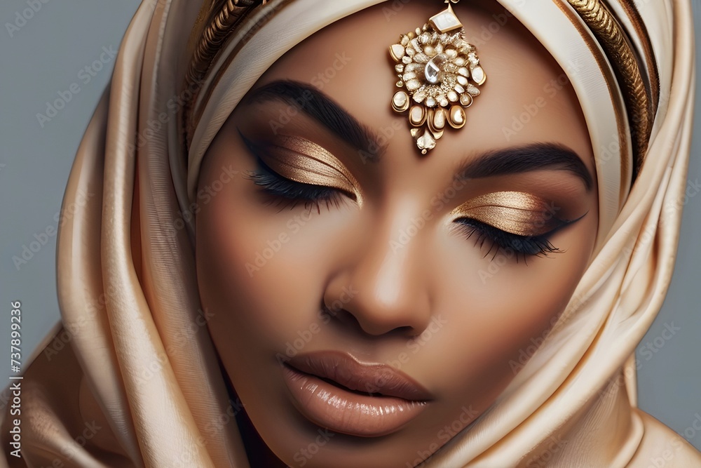 Closeup portrait of a beautiful Arabian woman face with luxury rose gold make up, glamour nude lipstick and smooth tan skin. Cosmetic, makeover and confident concepts - obrazy, fototapety, plakaty 