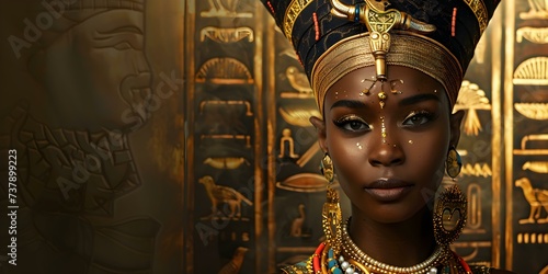 Resplendent African Queen: A Majestic Symbol of Egyptian Tradition. Concept Desert Landscapes, Traditional Garments, Regal Jewelry, Ancient Egyptian Symbols