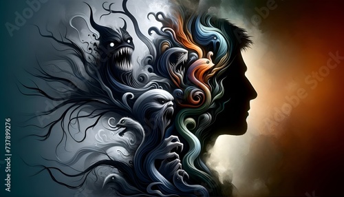 Monsters within. A human face in silhouette, blending into a surreal and vivid array of swirling shapes and figures, mythical dark creatures or spirits, manifesting from the person's head. Gen AI