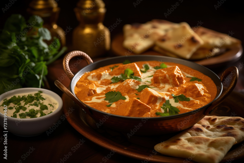 An Indian menu dish, Paneer Butter Masala, with coriander, garlic naan, in a copper bowl in a restaurant setting with professional mood lighting. 