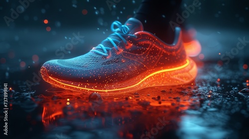 Future sneakers, exercises and graphics for workout, exercise, and balance for routine, training for marathons, and wellness for holograms. photo
