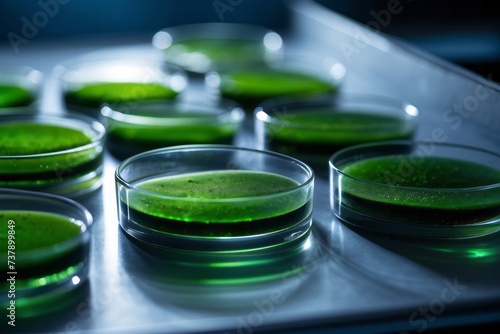 Algae, microalgae in petri dishes research in laboratories. biotechnology, science photo