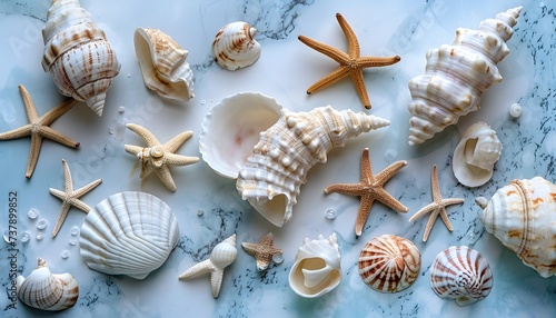 variety of beach sea shells and starfish 