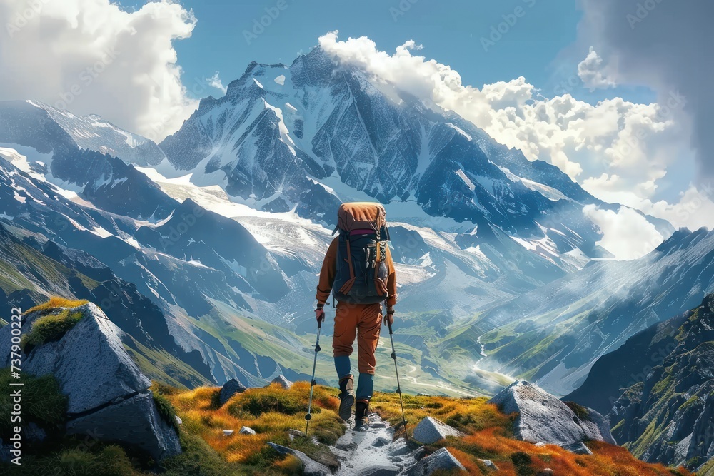 Lone hiker challenges towering peaks symbol of travel and adventure with each step mountaineer forges bond with nature backdrop of breathtaking landscape