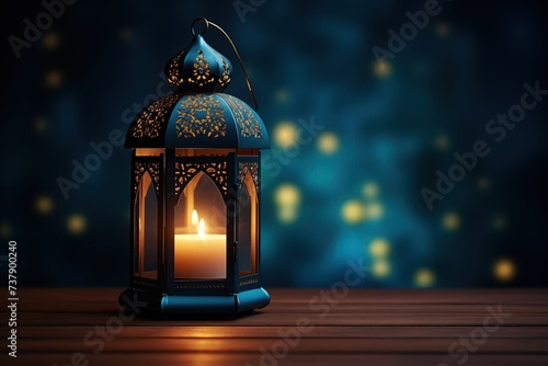A lit lantern, symbolizing Ramadan Eid celebration, sits brightly on top of a sturdy wooden table