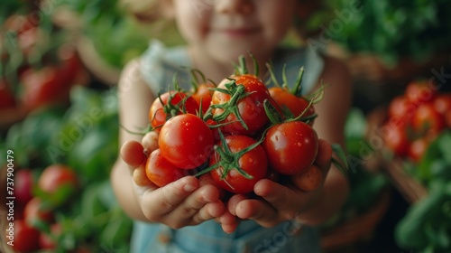 A child holding fruits and vegetables in their hands. Selective focus. Food.