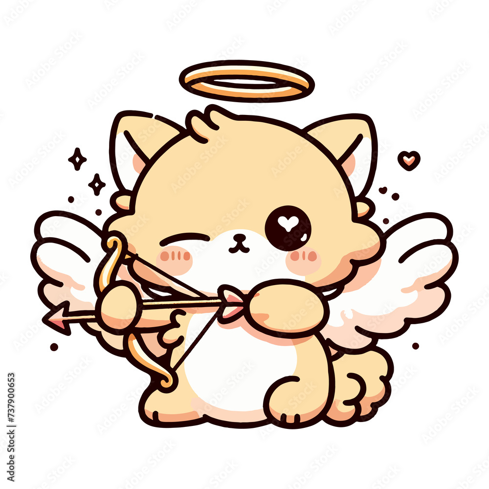A cute cartoon illustration of a Cupid the cat shoots an arrow at the heart, cartoon illustration on a white background. A cute cartoon illustration of a Cupid the cat shoots an arrow at the heart, cartoon illustration on a white background.