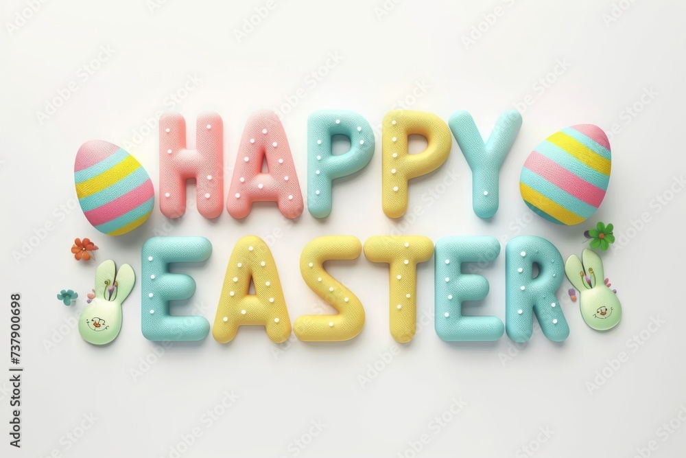 Naklejka premium Happy Easter Eggs Basket curiosity. Bunny in gerbera daisies flower Garden. Cute 3d Literary space easter rabbit illustration. Easter cuddly toy card wallpaper primrose