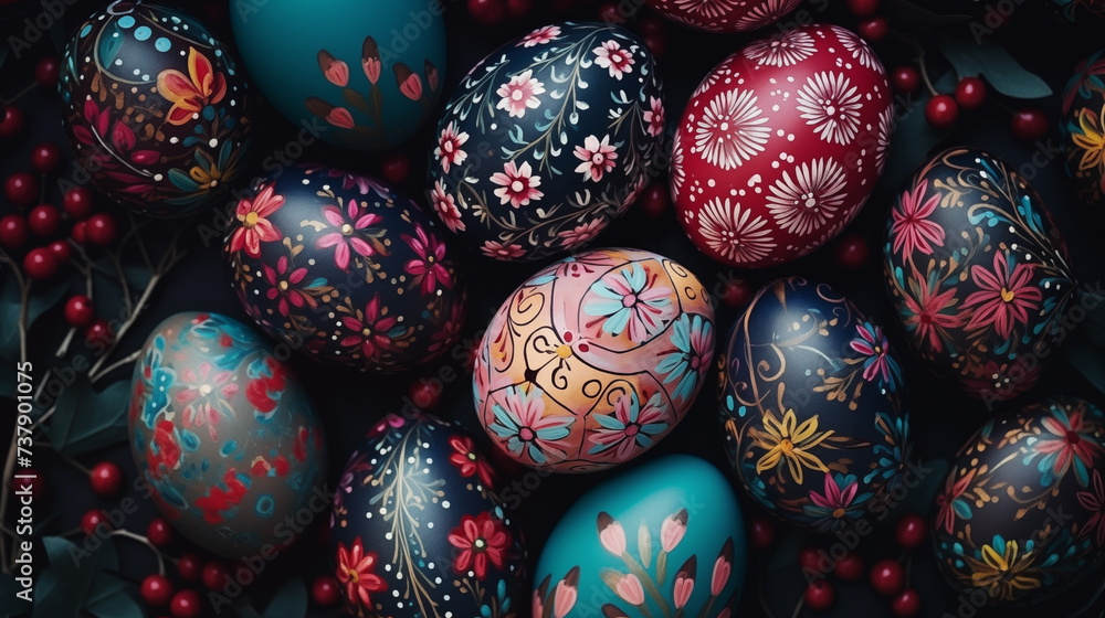Tło na życzenia Wielkanocne. Alleluja - Wesołych świąt Wielkiej Nocy. Jaja wielkanocne - kolorowe pisanki - obrazy, fototapety, plakaty 
