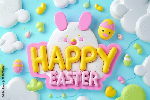 Happy Easter Eggs Basket opulent. Bunny in easter wreath flower Garden. Cute 3d Fellowship easter rabbit illustration. Easter resurrection sunday card wallpaper Playful