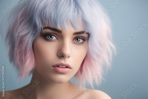 Portrait of beautiful young woman with pastel pink and blue hair in front of studio background