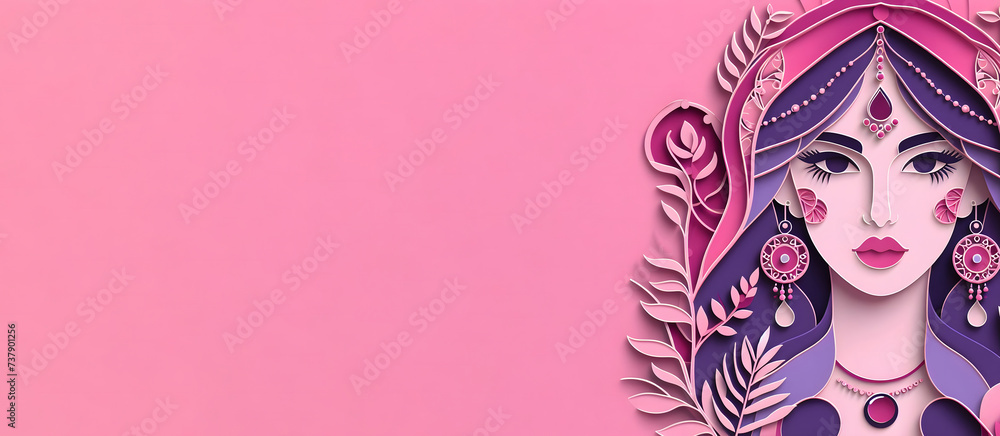 Women's Face Paper cut banner with flowers and floral design, Celebrating Internation Women's Day