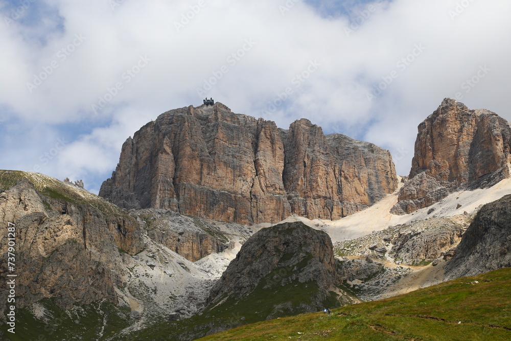 Summer view of Sass Pordoi, Dolomiti from Gardena Pass, Dolomites, Trentino Alto Adige, Sudtirol, South Tyrol, Italy.