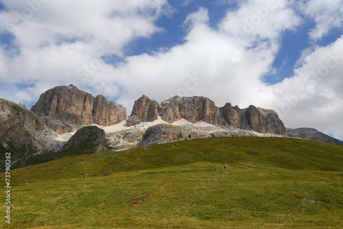 Summer view of Sass Pordoi and Sella Gruppe, Dolomiti from Gardena Pass, Dolomites, Trentino Alto Adige, Sudtirol, South Tyrol, Italy. photo