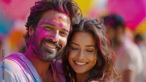 Indian couple dancing on the Holi festival with body covered by holi powder. Multicolors of Holi paints as a background. Generative AI.