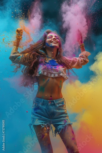 Young and happy pretty girl covered by colorful holi powder in Holi festival India. Pretty girl smiling and laughing to the camera while posing at the holi fest celebration. © Kartika