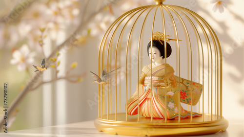 A hina doll in a golden cage alone, representing oppressed women, living in luxury without freedom.  photo