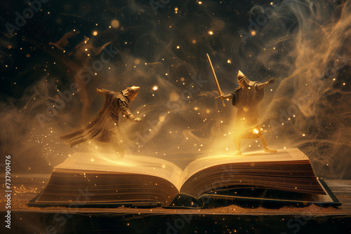 Fairytale book about mystical creatures and magical adventures. Two knights made of light particles fighting above the pages of fantasy story. Encouraging kids to read books.