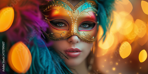Beautiful young woman with creative make-up wearing multicolored carnival mask with feathers. Girl wearing costume celebrating carnival. Bokeh lights in background. © MNStudio