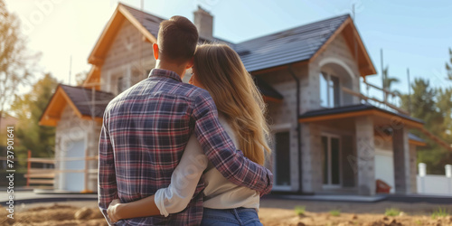Happy couple standing in front of construction site of their house. Man and woman building their first house together, starting a family concept.