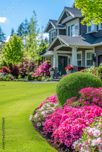 Perfect manicured lawn and flowerbed with shrubs in sunshine, on a backdrop of residential house backyard.
