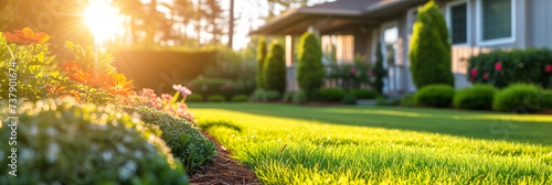 Perfect manicured lawn and flowerbed with shrubs in sunshine, on a backdrop of residential house backyard.